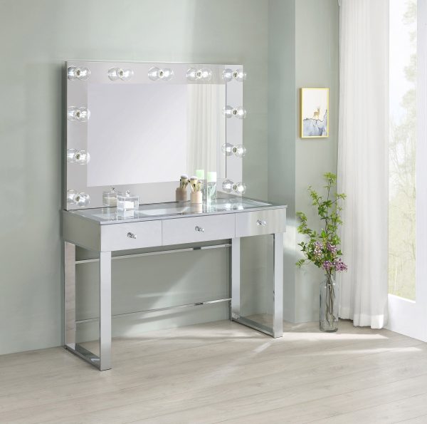 3-Drawer Vanity With Lighting Chrome And White with a Hollywood regency flair, this modern vanity set features a stunning mirror paneled design that reflects surrounding hues- 935934 Online Sale