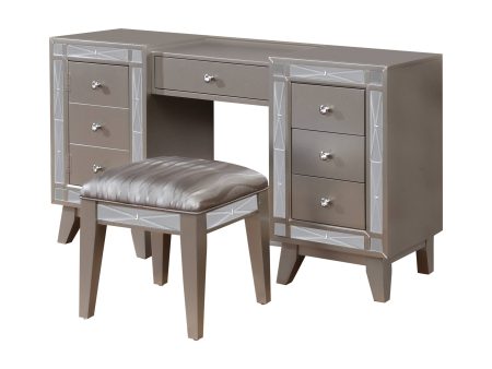 Leighton Vanity Desk And Stool Metallic Mercury Collection: Add Modern Glamour With This Vanity Desk And Stool Set, Etched Mirror Panel Along The Sides Of The Stool And Vanity Front Reflect Light Beautifully Throughout A Space. Leighton SKU: 204927 Fashion